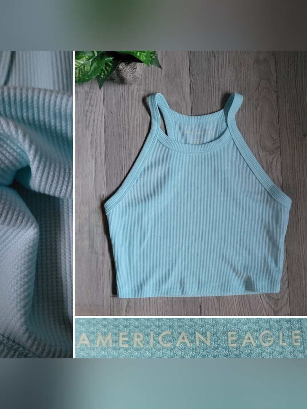 American Eagle Outfitters Ribbed High-Neck Racerback Light Blue Crop Top, Medium